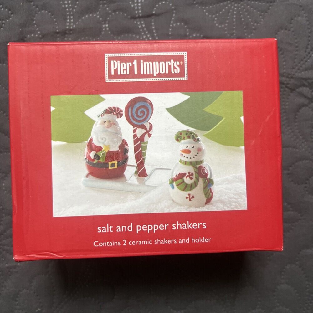 Pier 1 Imports Salt and Pepper Shakers Snowman Santa NIB Christmas Whimsy Decor